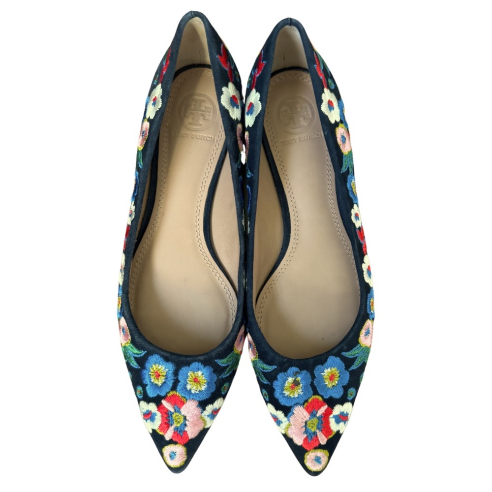 Tory Burch Rosemont Embroidered Pansy Floral Blue Suede Pointed Flats Size 6M